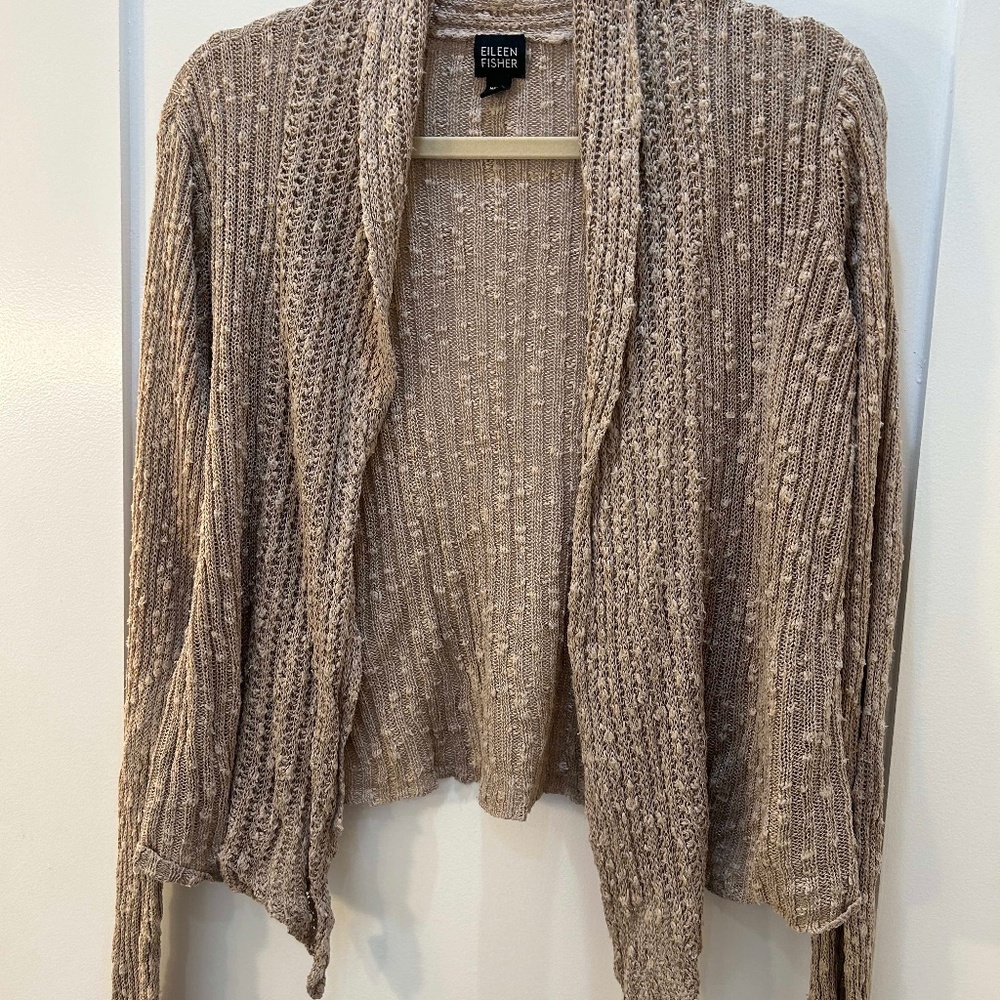 Eileen Fisher Cotton and Linen Open Cardigan Oatmeal Khaki Taupe Tan